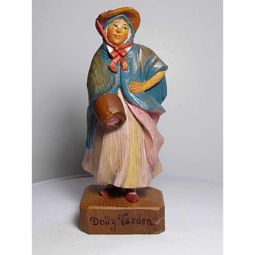 ANRI 5" Vintage Dolly Varden Figurine Hand-Carved Wood Folk Art Lady Italy